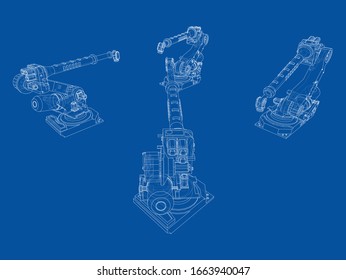 A industral robots manipulators. Blueprint style. Vector rendering from 3D model