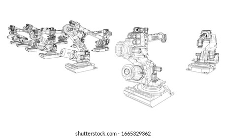 A industral robots manipulators. Blueprint style. Vector rendering from 3D model