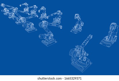 A industral robots manipulators. Blueprint style. Vector rendering from 3D model