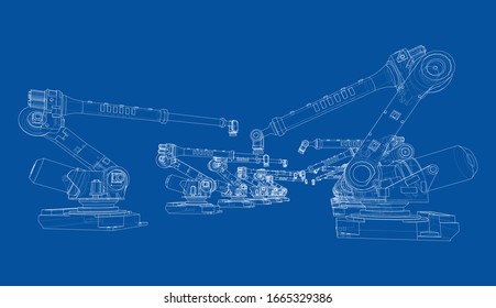 A industral robots manipulators. Blueprint style. Vector rendering from 3D model