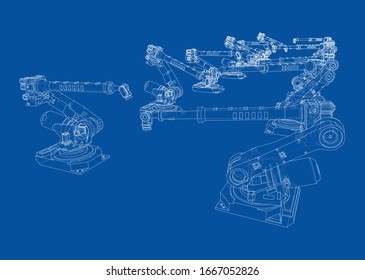 A industral robots manipulators. Blueprint style. Vector rendering from 3D model