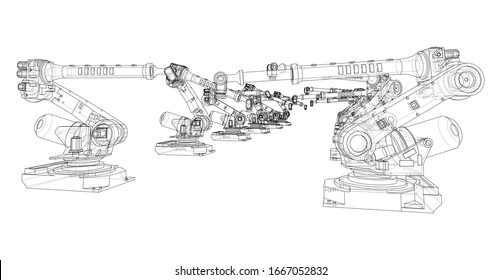 A industral robots manipulators. Blueprint style. Vector rendering from 3D model