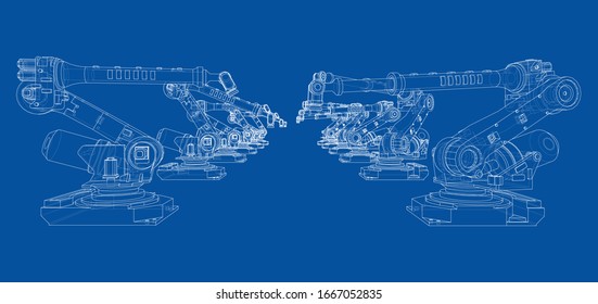 A industral robots manipulators. Blueprint style. Vector rendering from 3D model