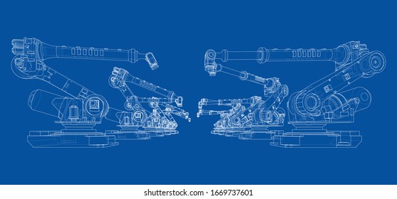 A industral robots manipulators. Blueprint style. Vector rendering from 3D model