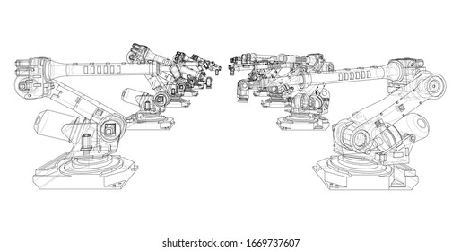 A industral robots manipulators. Blueprint style. Vector rendering from 3D model