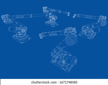 A industral robots manipulators. Blueprint style. Vector rendering from 3D model