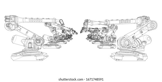 A industral robots manipulators. Blueprint style. Vector rendering from 3D model