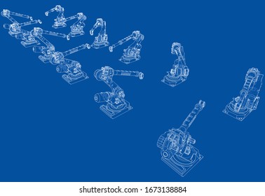 A industral robots manipulators. Blueprint style. Vector rendering from 3D model