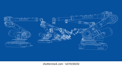 A industral robots manipulators. Blueprint style. Vector rendering from 3D model