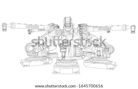 A industral robots manipulators. Blueprint style. Vector rendering from 3D model