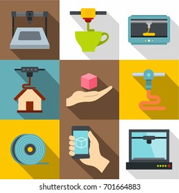 Industrial 3d printer icons set. Flat set of 9 industrial 3d printer vector icons for web with long shadow