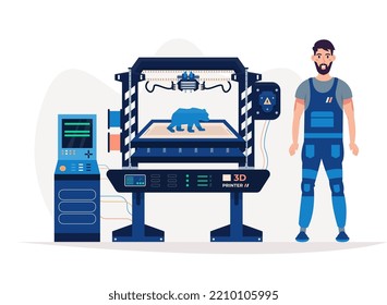 Industrial 3d Printer And Operator Isolated. 3d Printing Of A Model. 3 D Printing, Additive Manufacturing. Three Dimensional. Flat Vector Illustration.