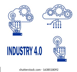 Industrial 4.0 Cyber Physical Systems concept. The robot hand presses the button. Cloud technologies and mechanical gear