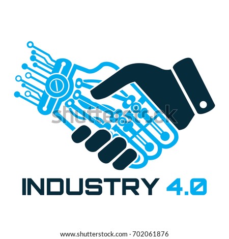 Industrial 4.0 Cyber Physical Systems concept,Robot and human holding hand with handshake,Human and technology logo, Partnership with a robot