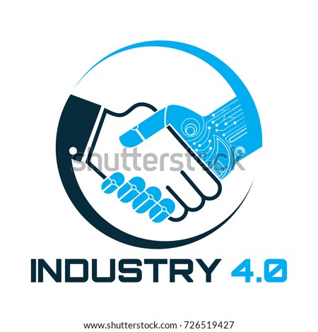 Industrial 4.0 Cyber Physical Systems concept,Robot and human holding hand with handshake,Human and technology logo, Partnership with a robot