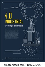 Industrial 4.0 with Robot concept, Robotic hand holding factory company and working in industry. vector design for poster, Brochure and flyer template.