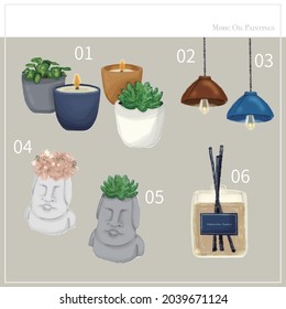 Accesorios industriales ilustraciones vectoriales con estilo dibujado a mano perfecto para el diseño de afiches. Materiales de arte mínimos aislados, decoración de la casa de dibujo, velas y pequeñas plantas, difusor de caña y lámpara.