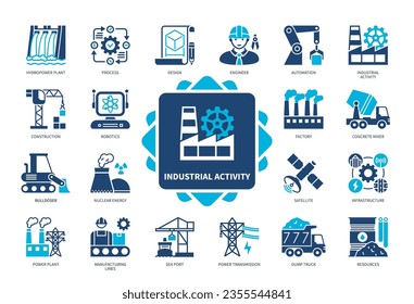 Symbol für industrielle Aktivität gesetzt. Automatisierung, Prozess, Wasserkraftwerk, Robotik, Design, Infrastruktur, Satellit, Ressourcen. Duotone-Farbsymbole