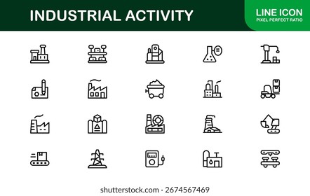 Industrial Activity Line Icon Set – Professional Minimal Vector Icons for Factories, Machinery, and Production Facilities