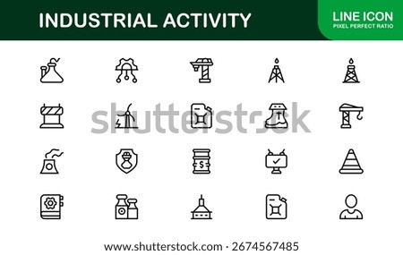 Industrial Activity Line Icon Set – Professional Minimal Vector Icons for Factories, Machinery, and Production Facilities