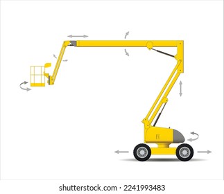 Industrial aerial platform. Articulated lift with a basket for construction and installation work at height. Vector illustration.