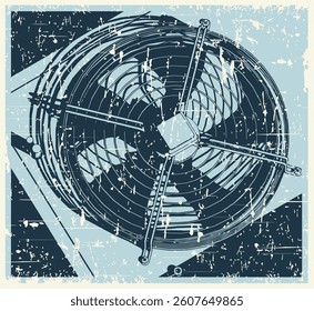 Industrial air conditioner or ventilation system outdoor unit close up retro poster stylized vector illustration