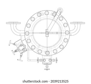 Industrial air filter with taps and pressure gauge. Vector rendering of 3d. Wire-frame style. The layers of visible and invisible lines are separated. Orthography or isometric