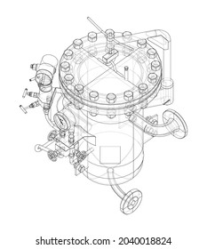 Industrial air filter with taps and pressure gauge. Vector rendering of 3d. Wire-frame style. The layers of visible and invisible lines are separated. Orthography or isometric