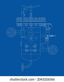 Industrial air filter with taps and pressure gauge. Vector rendering of 3d. Wire-frame style. The layers of visible and invisible lines are separated. Orthography or isometric