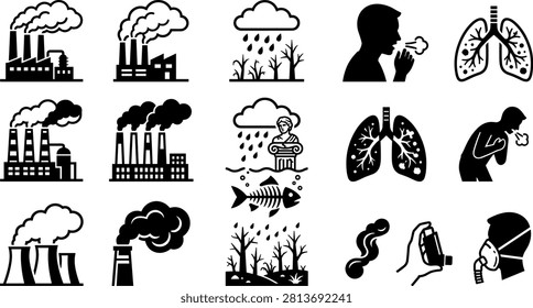 Industrial Air Pollution Icon Set with Factory Smoke Emissions, Acid Rain, Deforestation, Respiratory Health Problems, and Inhaler Mask Vectors.eps