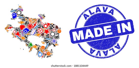 Industrial Alava Province map mosaic and MADE IN grunge stamp. Alava Province map composition formed with wrenches, gearwheels,screwdrivers,items,cars,power bolts,rockets.