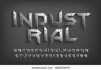 Industrial alphabet font. Metallic letters and numbers. Stock vector typeface for your design.