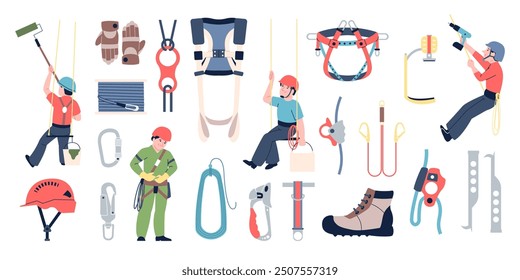 Industrial alpinism equipment. Different tools for climbers, boots ropes metal carabiner fasteners helmet. Safety elements for dangerous work, recent vector set