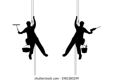 Industrial alpinism. High-altitude work. Washing of glass and facades. Silhouette of a working climber hanging on ropes. Two design options. Logo, sign. Blank template. Vector isolated