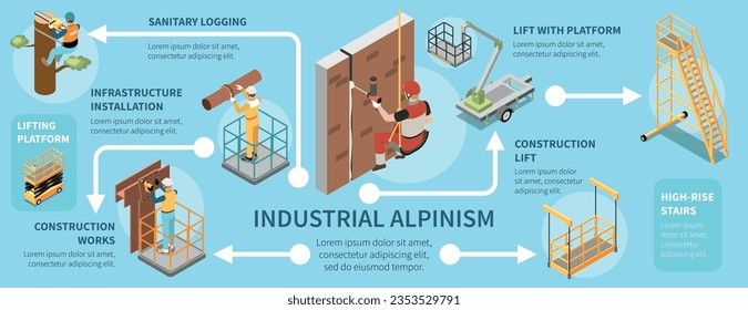 Industrial alpinism isometric infographics depicting lifting platform and high rise stairs for construction works vector illustration