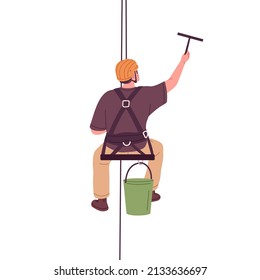 Industrial alpinist climber suspended on ropes, washing building at height. Highrise worker in safety helmet cleaning, hanging on harness. Flat graphic vector illustration isolated on white background