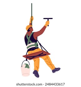 Industrial alpinist hanging with safety rope, works on height. Cleaning service worker washes, cleans window outside. Maintenance of high building glass. Flat isolated vector illustration on white