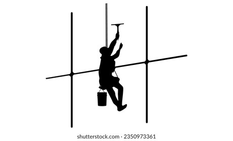 Industrial alpinist silhouette, Highrise worker hanging on ropes, washing, cleaning and polishing building with wiper