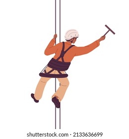 Industrial alpinist suspended on harness at height. Highrise worker hanging on ropes, washing, cleaning and polishing building with wiper. Flat vector illustration isolated on white background