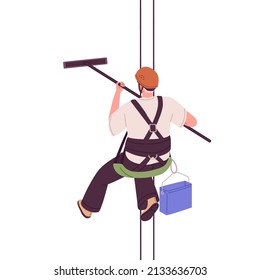 Industrial alpinist suspended on ropes, cleaning building at height. Worker in safety helmet washing, hanging on harness with wiper and bucket. Flat vector illustration isolated on white background