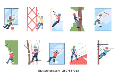 Industrial alpinists characters. Professionals working on height, window cleaning, electricity worker, welder. Flat climbers recent vector set