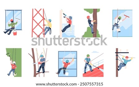 Industrial alpinists characters. Professionals working on height, window cleaning, electricity worker, welder. Flat climbers recent vector set