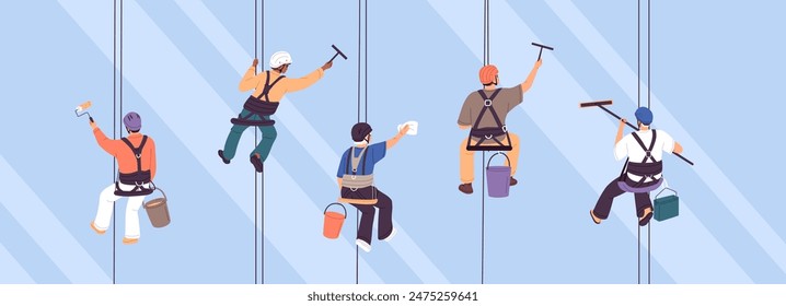 Industrial alpinists hanging with harness, clean window on height. Group of maintenance workers with safety rope, climbers in helmets wash, wipe glass of highrise building. Flat vector illustration