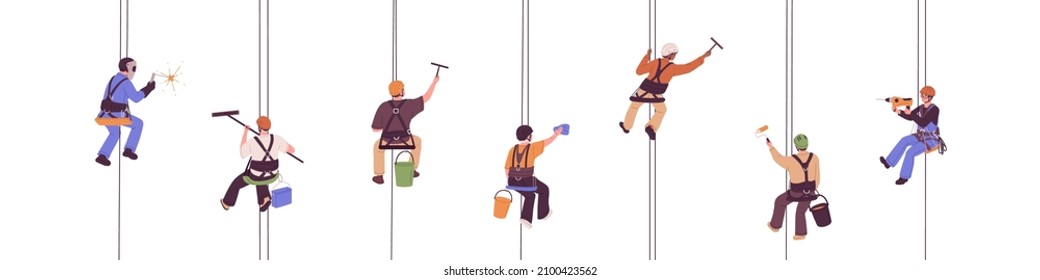 Industrial alpinists set. Workers suspended on ropes, hanging on harness. Professional climbers with equipment and tools work at height. Flat vector illustrations isolated on white background