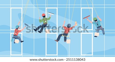 Industrial alpinists wash window. Professional climbers cleaning large panoramic window and hanging on height. Dangerous work process recent vector scene
