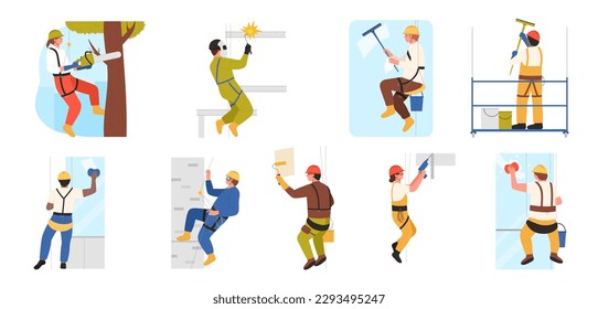 Industrial alpinists work at height set vector illustration. Cartoon isolated climbers cleaning windows, arborist hanging on rope with chainsaw, construction workers with drill and welding machine