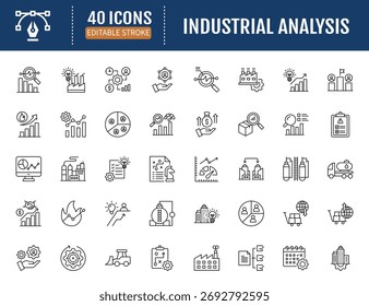 industrial analysis line icon set. Includes market,
trend, report, insight, research, growth, risk,
strategy, supply chain, competitor and more.
Vector Illustration with Editable Strokes
