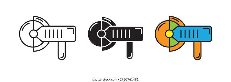 Iconos de vector de amoladora de ángulo de Industrial en línea, silueta y estilos planos, perfectos para la construcción, la metalurgia y los diseños de equipos de herramientas eléctricas.