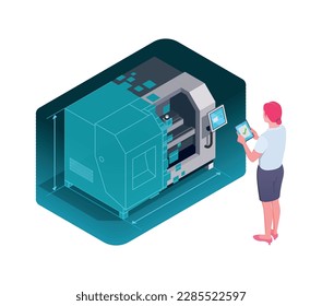Industrial application of augmented reality isometric concept with female worker and machinery 3d vector illustration