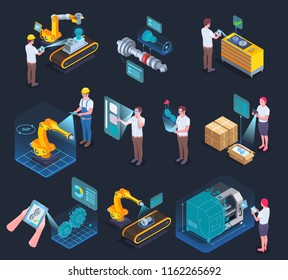 Industrial applications of augmented reality supporting manufacturing process technology isometric elements collection black background isolated vector illustration 